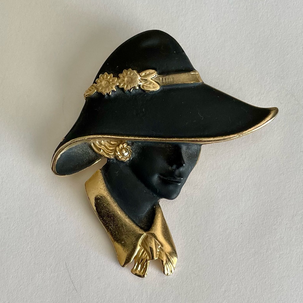 Vintage Torino Brooch Black Matte Enamel And Goldtone Lady With Hat
